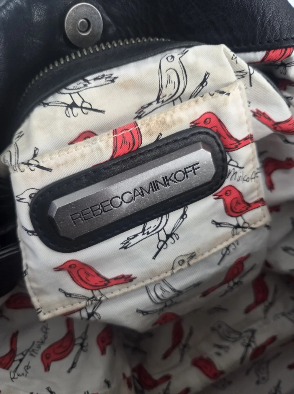 Rebecca Minkoff Studded Hobo Black Leather Pyramid Studs, Cardinal Bird Lining - Picture 10 of 11